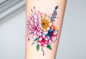 Chrysanthemum, peony, and larkspur bundle with colour splashes. tattoo idea