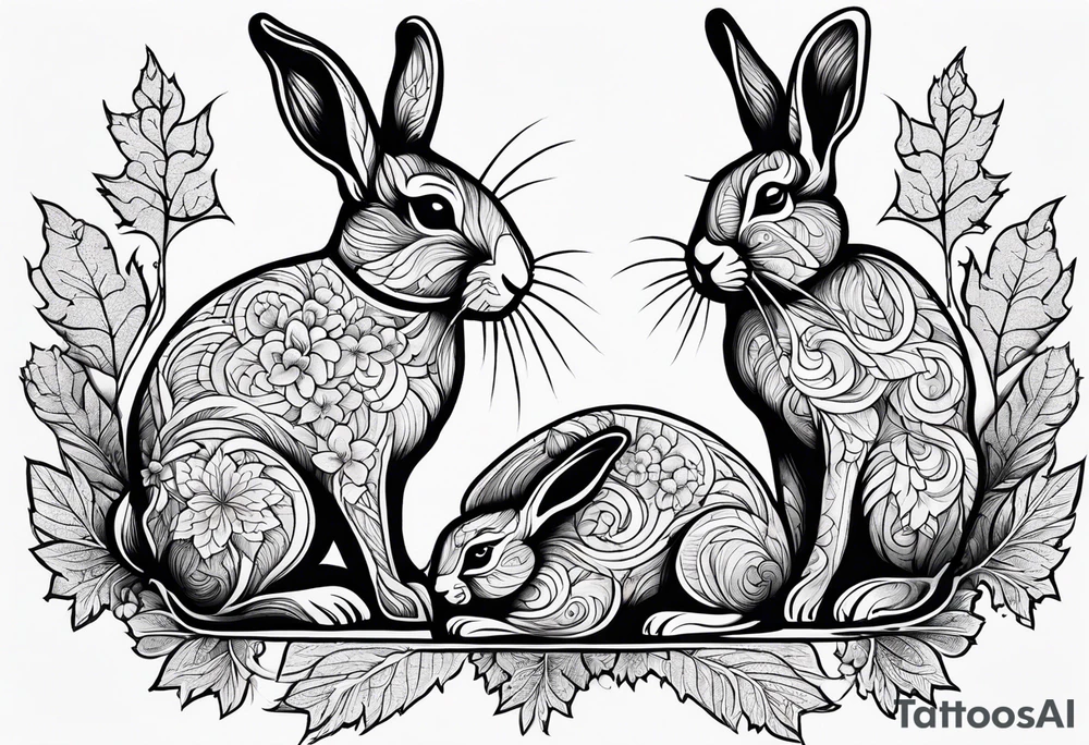 two bunnies, one smaller, one larger, with their backs, holding a maple leaf tattoo idea