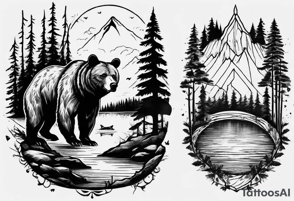 bear, forest, lake, appalachia, arm sleeve tattoo tattoo idea