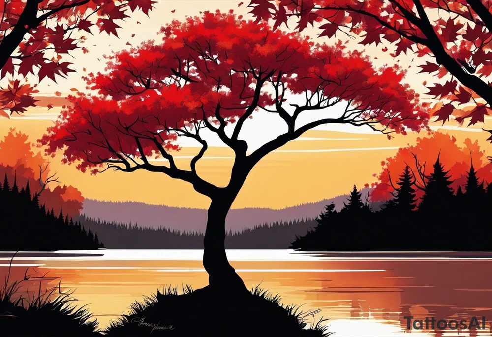 Arm tattoo. Long tattoo. Full sleeve. Shoulder. A single large maple tree with red autumn leaves that branches upwards from wrist to shoulder. White-throated dipper bird on the trees branches. Calluna flowers at the base of the trees stem. Tree stem has dark colors. Red/yellow sunset behind the trees stem. Leaves falling. tattoo idea