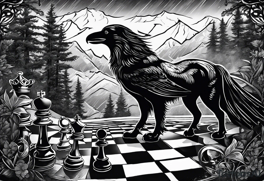 Reading books in the rain, chessboard with king and queen piece, background in a mountain and ravens tattoo idea