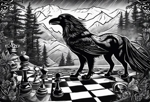 Reading books in the rain, chessboard with king and queen piece, background in a mountain and ravens tattoo idea