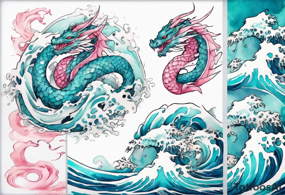 a beautiful turquoise pink and white wyrm rising from the blue waves of the ocean tattoo idea