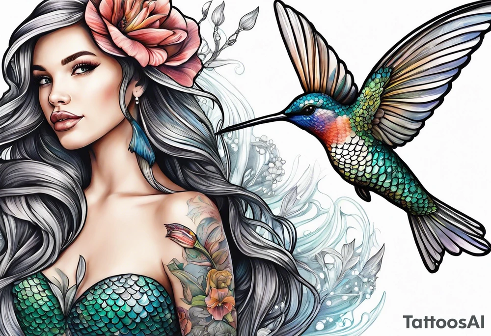 Mermaid holding hummingbird tattoo idea