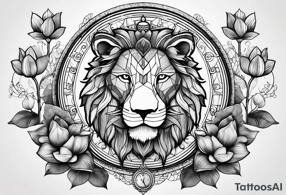 A lion, an owl, a set of balance scales, and a lotus leaf tattoo idea