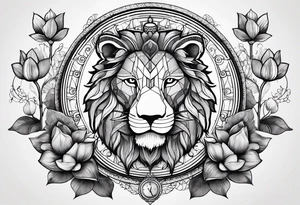 A lion, an owl, a set of balance scales, and a lotus leaf tattoo idea
