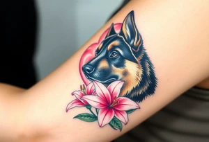 protective german shepherd dog with pink lily flowers in front of sacred heart tattoo idea