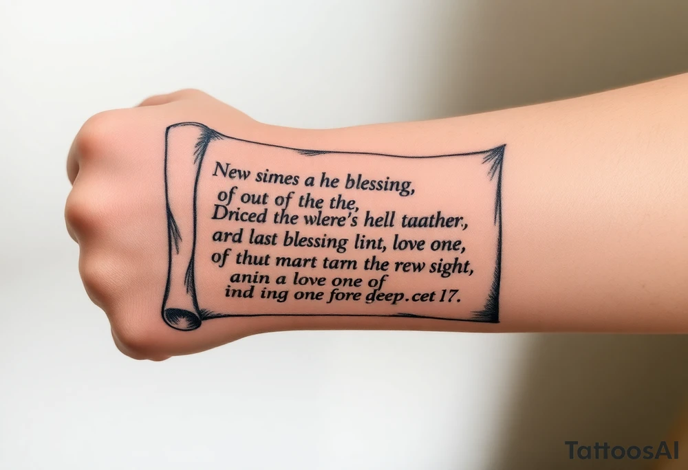 A large scroll of a bible scripture about new blessing and lost of a love one tattoo idea