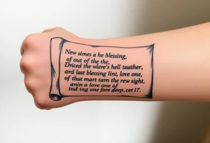A large scroll of a bible scripture about new blessing and lost of a love one tattoo idea