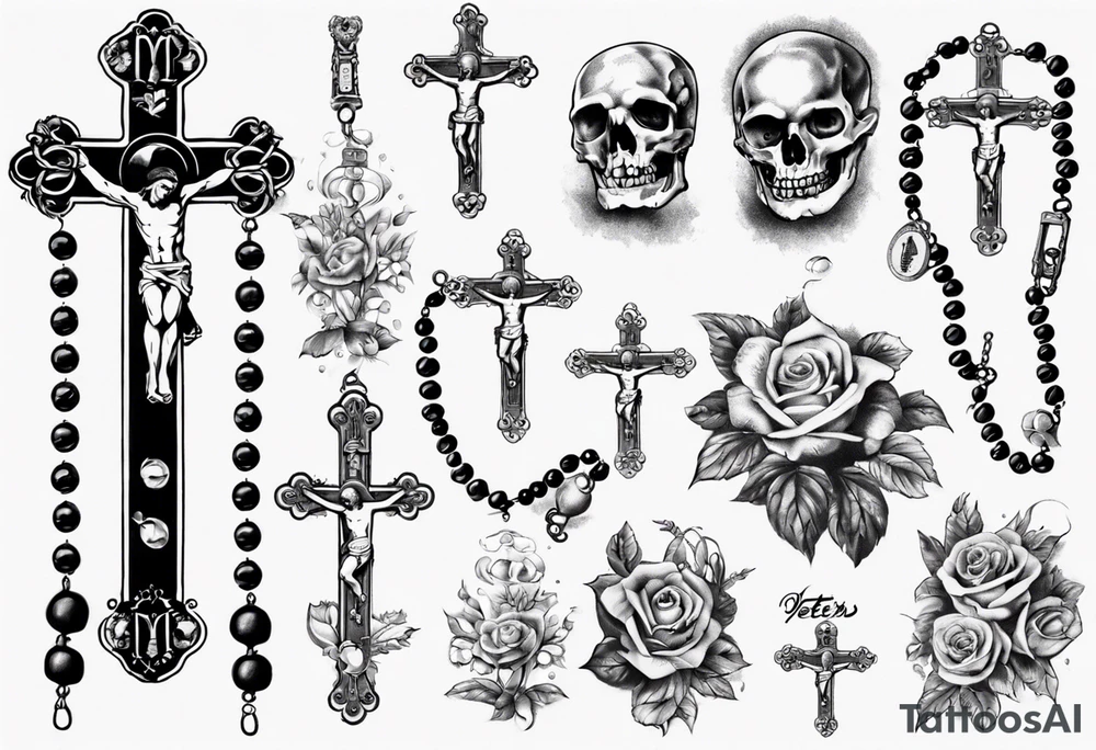 men’s arm sleeve, rosary, the name Peters, 1997, cross tattoo idea