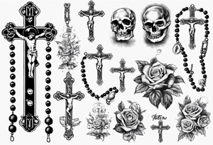 men’s arm sleeve, rosary, the name Peters, 1997, cross tattoo idea