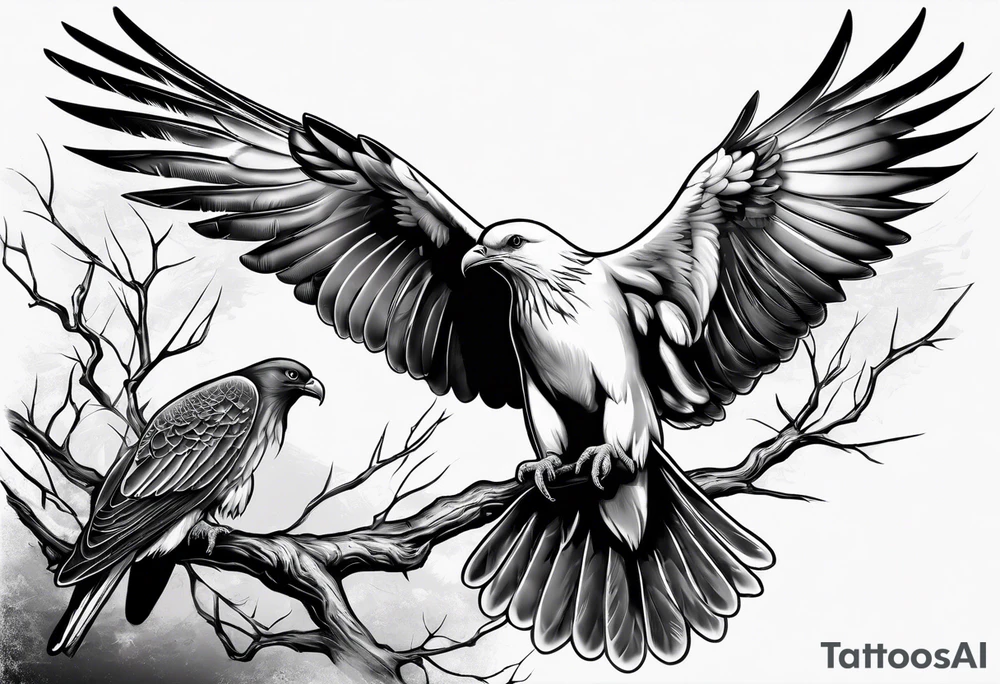 Dove sitting on a branch in the distance with an eagle flying tattoo idea