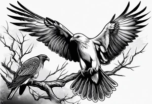 Dove sitting on a branch in the distance with an eagle flying tattoo idea