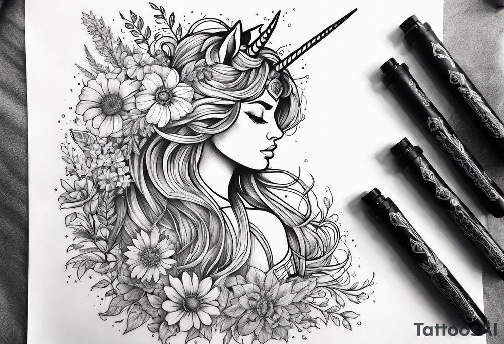 wildflowers and unicorn and warrior curly hair princess half sleeve arm tattoo idea