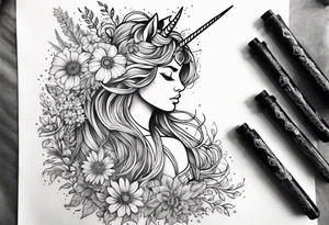 wildflowers and unicorn and warrior curly hair princess half sleeve arm tattoo idea