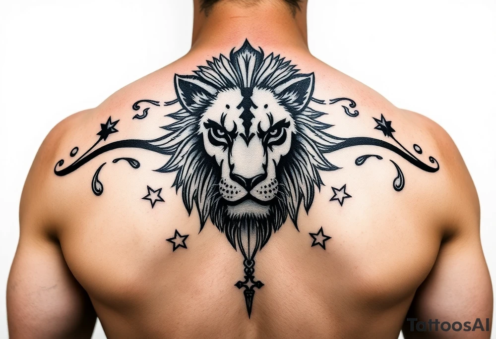mystical lion with stars tattoo idea