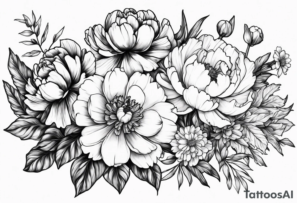 A stemless marigold, peony, and narcissus side by side tattoo idea