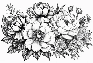 A stemless marigold, peony, and narcissus side by side tattoo idea