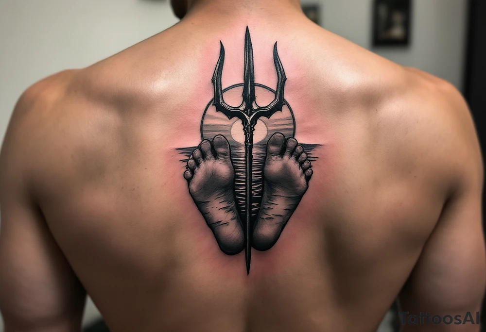 barefeet behind trident with water and sunset tattoo idea