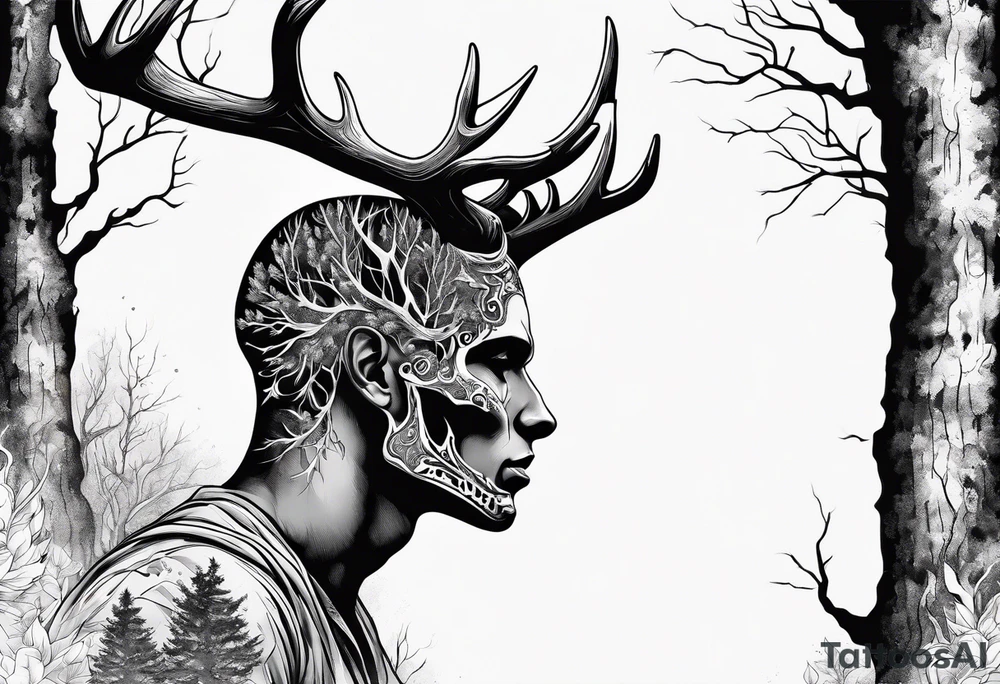 A side profile of a human with a deer skull head, fire and trees tattoo idea