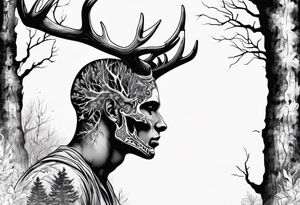 A side profile of a human with a deer skull head, fire and trees tattoo idea