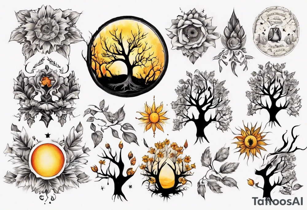 sonne, eule  wald, 
blume des lebens, 
baum tattoo idea