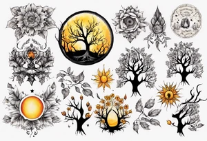 sonne, eule  wald, 
blume des lebens, 
baum tattoo idea