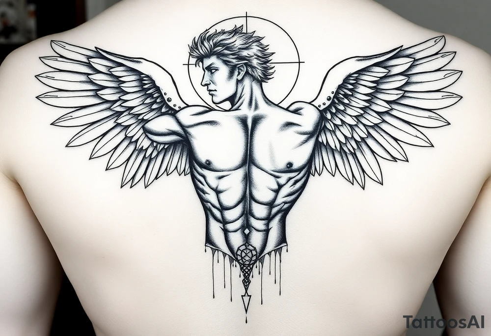 Highly detailed tattoo design in black and white, combining classical anatomy illustration and surreal symbolism. Depict a muscular male angel with large, detailed wings, in a dramatic dynamic pose, inspired by mythological figures like Icarus or Prometheus. Add subtle broken or fragmented body parts effect, thin geometric lines and circles as in sacred geometry, and surreal horror details like abstract eyes with dripping ink. Linework should be precise and clean, with a mix of fine sketch shading and bold outlines. Style similar to fine art etching mixed with modern minimal tattoo art, high contrast, no background. tattoo idea