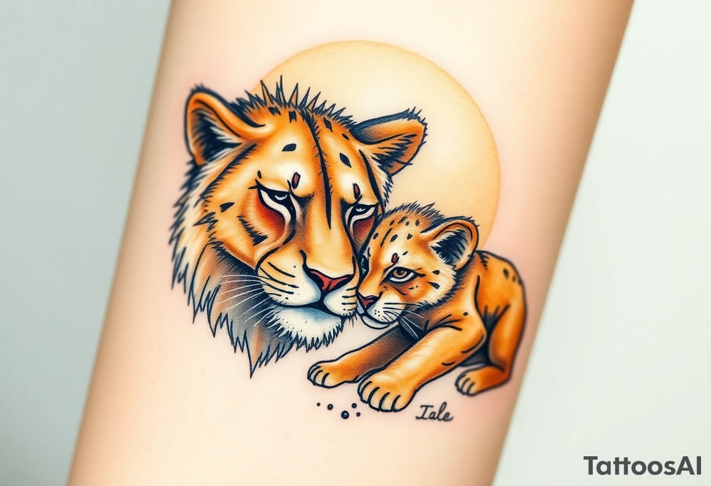 A lioness and her cub nuzzling, with golden-brown tones and a soft halo of sunlight behind them tattoo idea