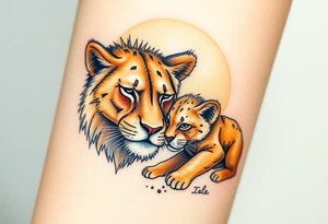 A lioness and her cub nuzzling, with golden-brown tones and a soft halo of sunlight behind them tattoo idea