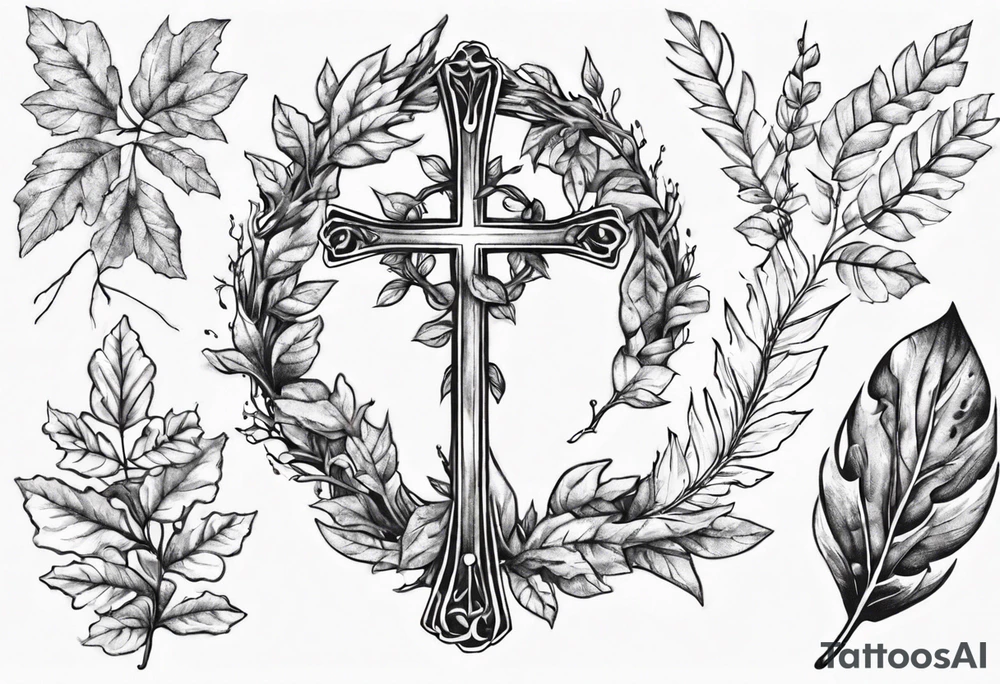 wreath leaves and the cross at the end of the leaves connecting tattoo idea