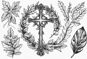 wreath leaves and the cross at the end of the leaves connecting tattoo idea