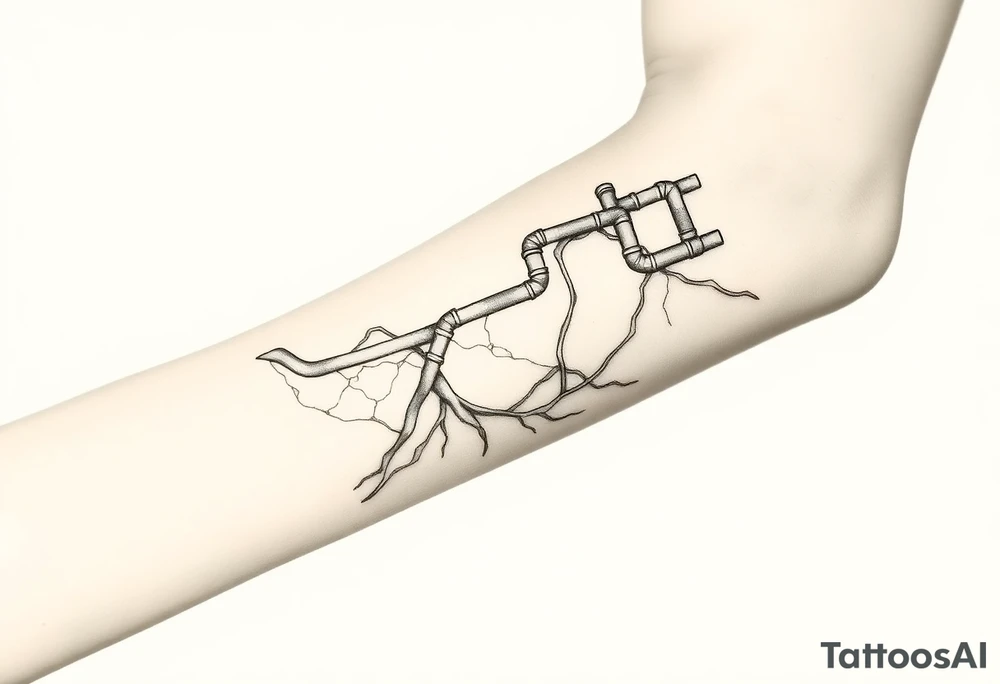 Top pipe starts closer to the elbow, long System of pipes that transitions and transforms into veins of forearm tattoo idea
