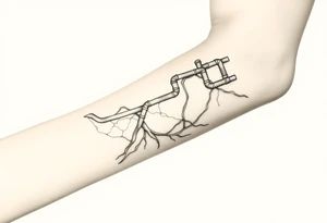 Top pipe starts closer to the elbow, long System of pipes that transitions and transforms into veins of forearm tattoo idea