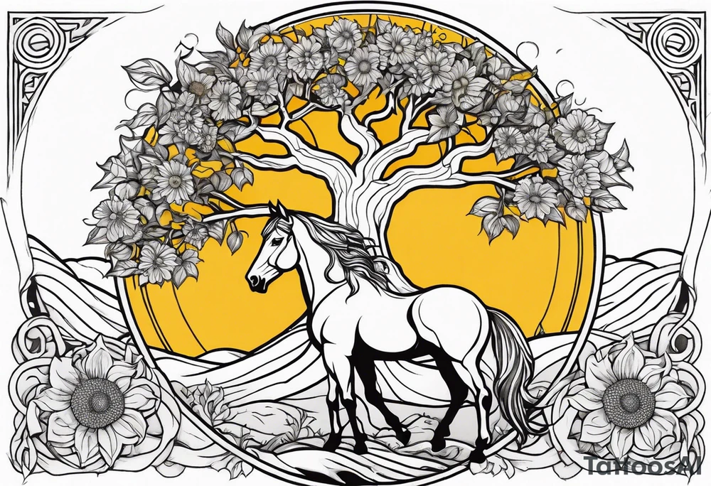 Yggdrasil tree, horse in front of it, and sunflowers tattoo idea