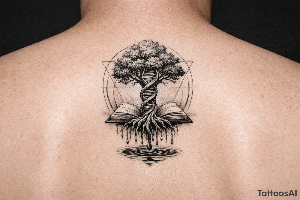 tree with dna spiral for trunk, roots sprouting from an open book, water dripping from roots into a puddle, and geometric circles surrounding design tattoo idea