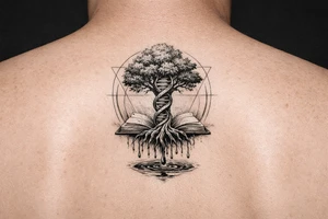 tree with dna spiral for trunk, roots sprouting from an open book, water dripping from roots into a puddle, and geometric circles surrounding design tattoo idea