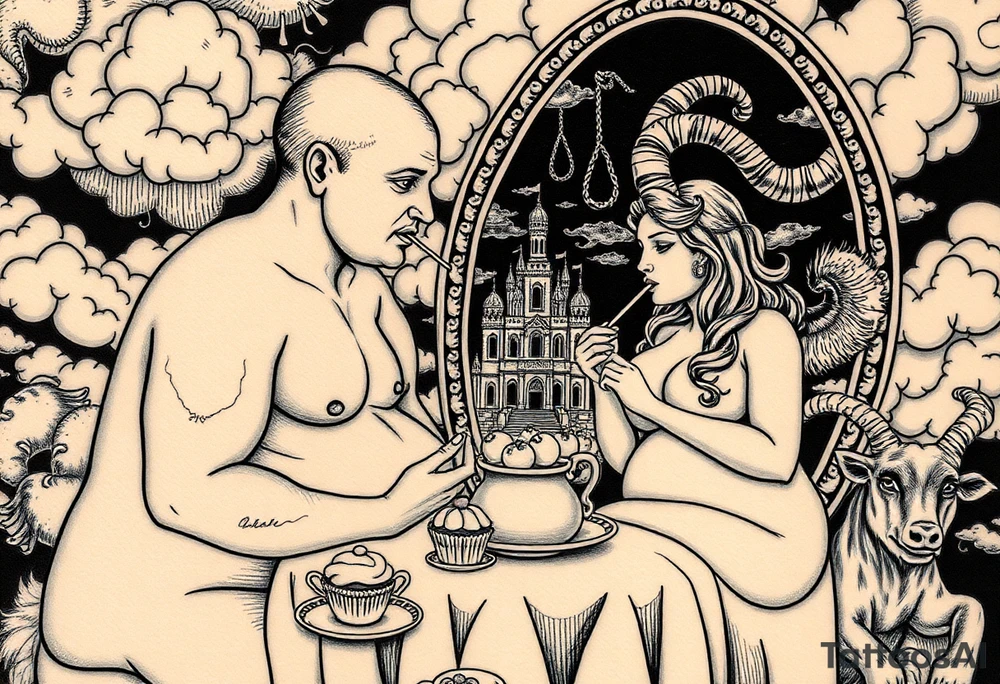 Naked Man and fat woman having sex eating cupcakes and  fruit  having sexy naked fat lady having a tea party with tea pots  swith fancy castle  
with mystical  a pigs, peacock,  lion, goat, noose and smoking cigerettes looking in the mirror thru storm clouds and broken hearts and darkness and wrath, envy , gluttony, greed, sloth, pride . Gothic tattoo idea
