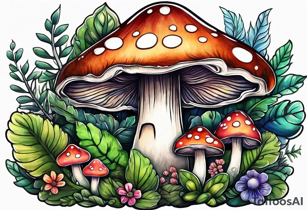 Happy mushroom surrounded by smaller plants tattoo idea