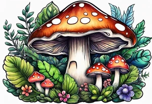Happy mushroom surrounded by smaller plants tattoo idea
