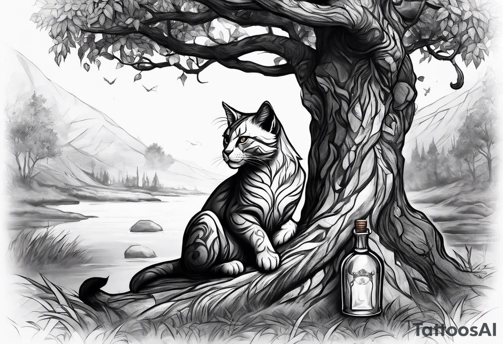 Khajiit sitting under a tree with an empty skooma bottle tattoo idea