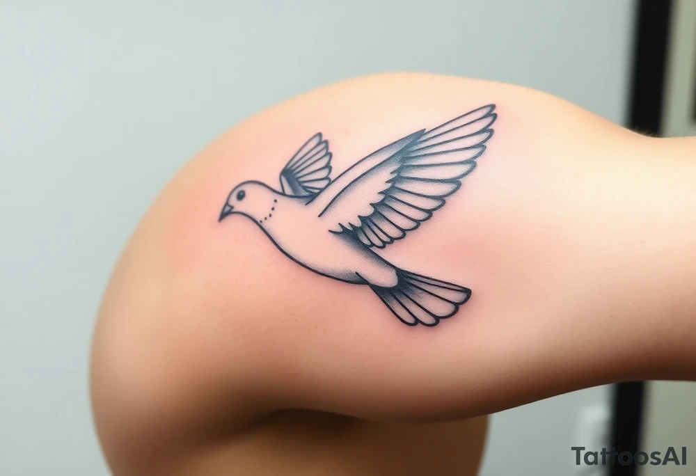 A realistic collared dove in flight, wings spread wide with soft gray and white feathers, symbolizing peace and freedom tattoo idea