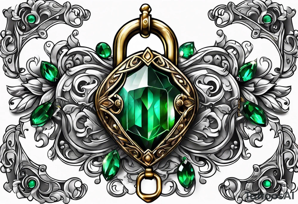 Lock and key with emerald stone tattoo idea