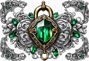 Lock and key with emerald stone tattoo idea