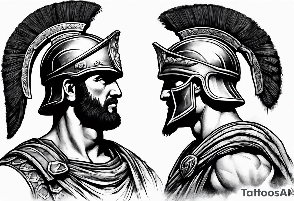 Side profile Spartan Solider ancient roman city far away tattoo idea