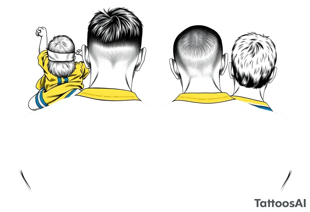 4 soccer fans from their backs, wearing yellow blue shirts. the second one from left having a kid on his shoulders, and he's rising a scarf tattoo idea
