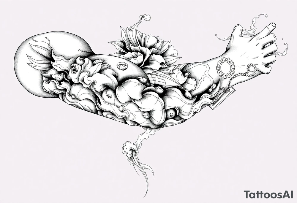 Tattoo sleeve filler using smoke, ash, and fragmented memory effects, organic flow wrapping around arm muscles, soft gradients, negative space, black and grey realism, seamless transitions between main tattoo elements. tattoo idea