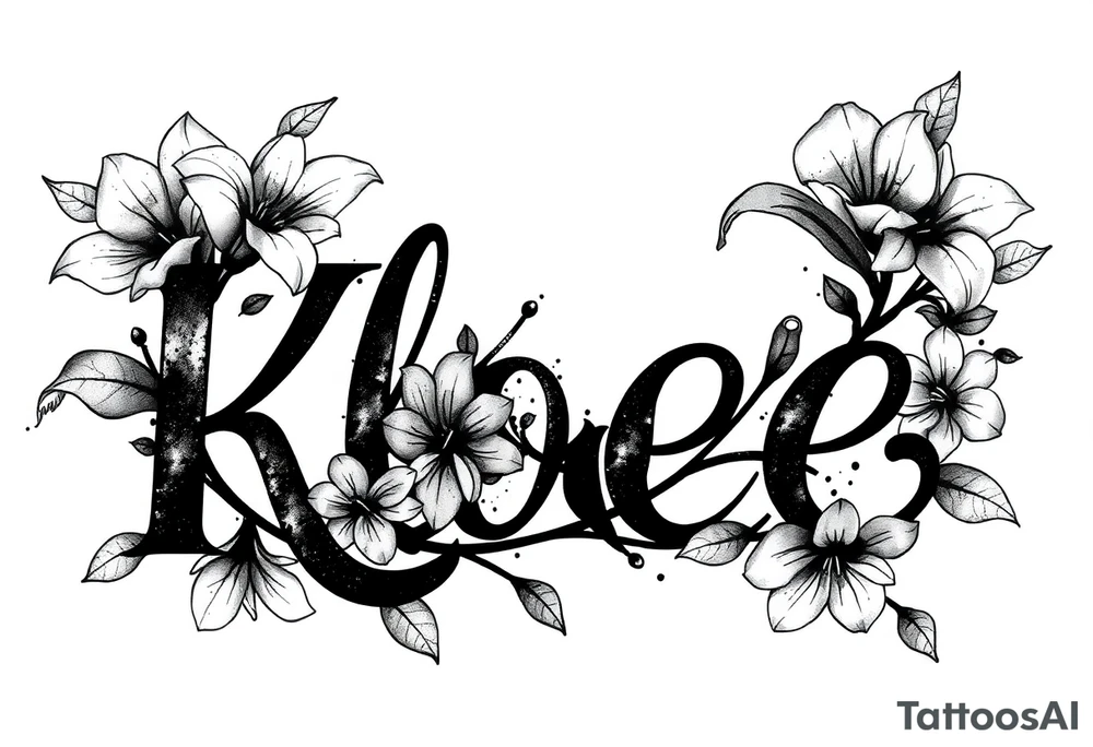 The word Kloee surrounded by lily flowers with the vine or stems in the letters tattoo idea