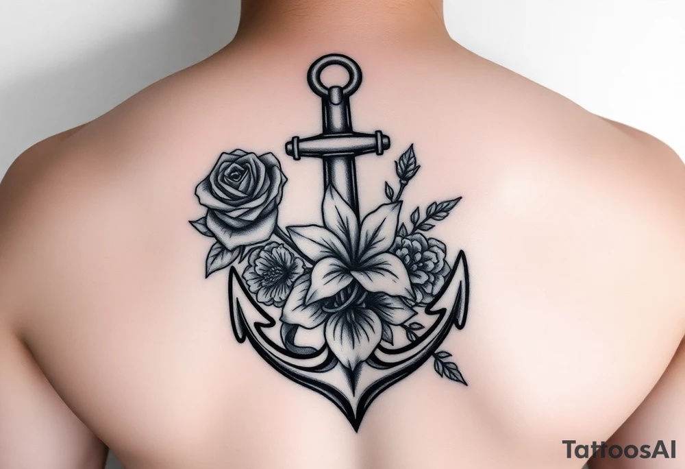 anchor with a rose, a lily and a hydrangea in color tattoo idea