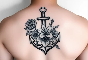 anchor with a rose, a lily and a hydrangea in color tattoo idea